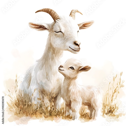 White Goat and Kid in a Field Watercolor Painting