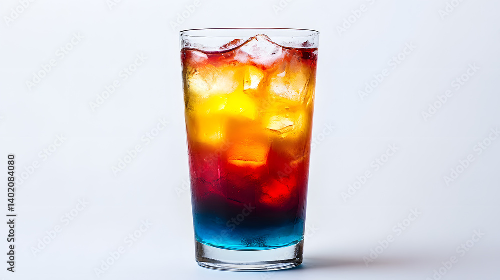 vibrant layered cocktail in tall glass with colorful ice cubes vibrant layered cocktail in tall glass with colorful ice cubes