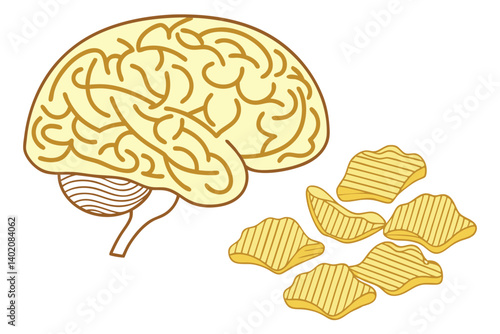 52 Brain-shaped potato chips, golden crispy snacks, neurological food art, cerebral junk food, mind-bending munchies, cognitive crisps, intellectual appetizers, neurogastronomy, surreal snacking, brai