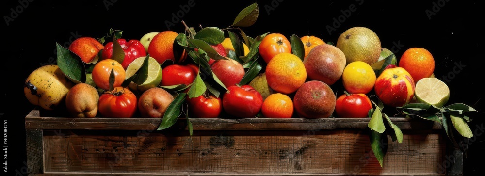 A vibrant assortment of fresh fruits displayed in a wooden crate. A vibrant assortment of fresh fruits displayed in a wooden crate.