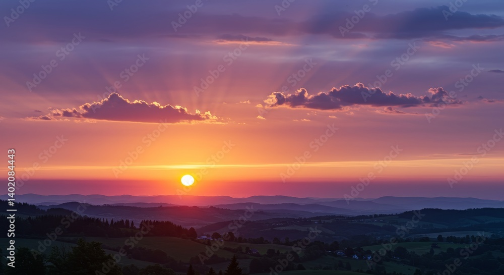 Sunset Over Rolling Hills Landscape - Serene sunset scene, vibrant colors paint the sky, sun dips below horizon, casting golden light on rolling hills Sunset Over Rolling Hills Landscape - Serene sunset scene, vibrant colors paint the sky, sun dips below horizon, casting golden light on rolling hills