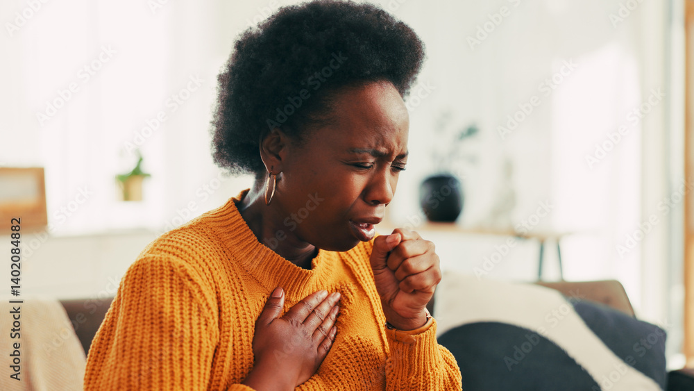 Coughing, sick and black woman in home with flu, cold or allergies with viral infection. Illness, recovery and African female person with respiratory issue, tuberculosis or asthma in living room.
