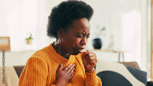 Obraz na płótnie Coughing, sick and black woman in home with flu, cold or allergies with viral infection. Illness, recovery and African female person with respiratory issue, tuberculosis or asthma in living room. w salonie