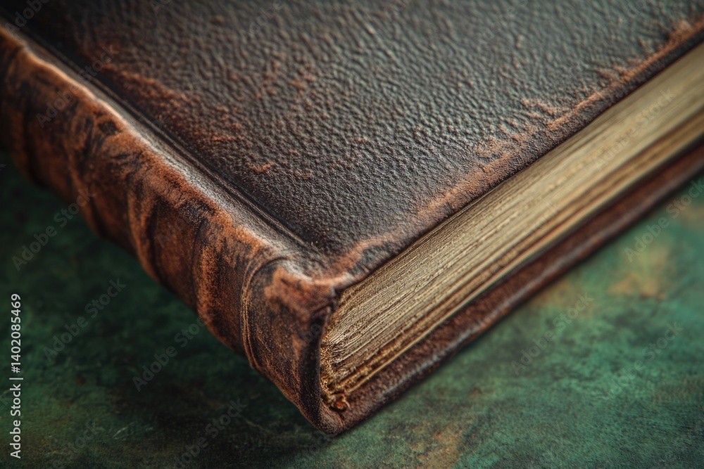 Obraz premium Close-up of an antique leather-bound book, showing age and texture.
