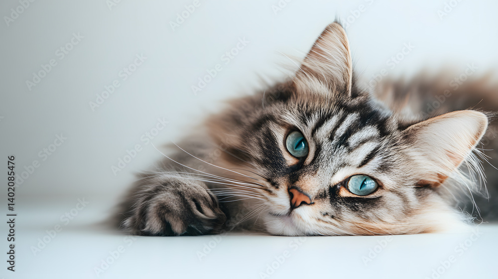 fluffy cat with striking blue eyes lies gracefully on white surface, exuding calmness and elegance fluffy cat with striking blue eyes lies gracefully on white surface, exuding calmness and elegance
