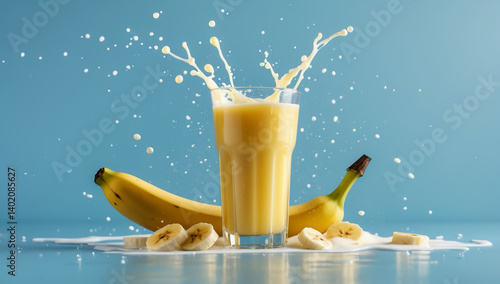 Glass of banana juice with milk splash and droplets on light blue background