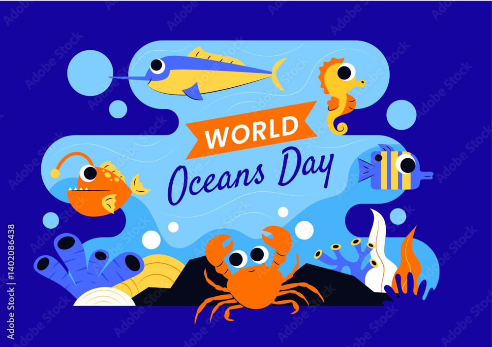 Naklejka premium World Oceans Day Vector Illustration to Help Protect and Conserve the Ocean, Marine Life, Ecosystems, and Sea Plants in a Flat Cartoon Background