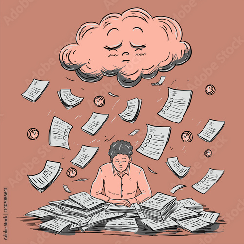 illustration of a man being depressed by a deadline with lots of flying papers and a time logo above which there is a sad cloudy awn