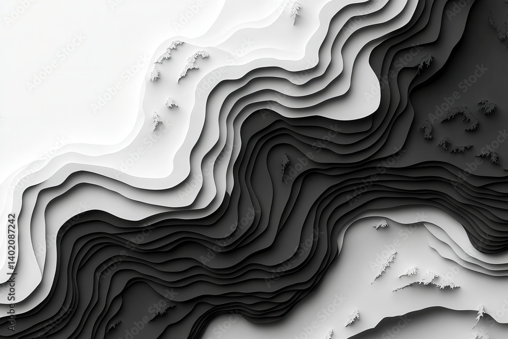 Black and white abstract topographic map with trees and layer effect. Use it for your geographical or modern background project. Black and white abstract topographic map with trees and layer effect. Use it for your geographical or modern background project.