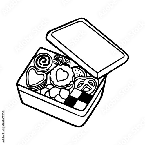 simple lunch box with assorted treats line art design