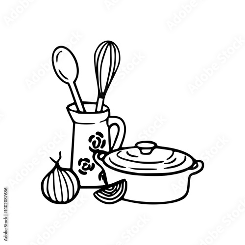 simple coking tools and bulb onion line art design