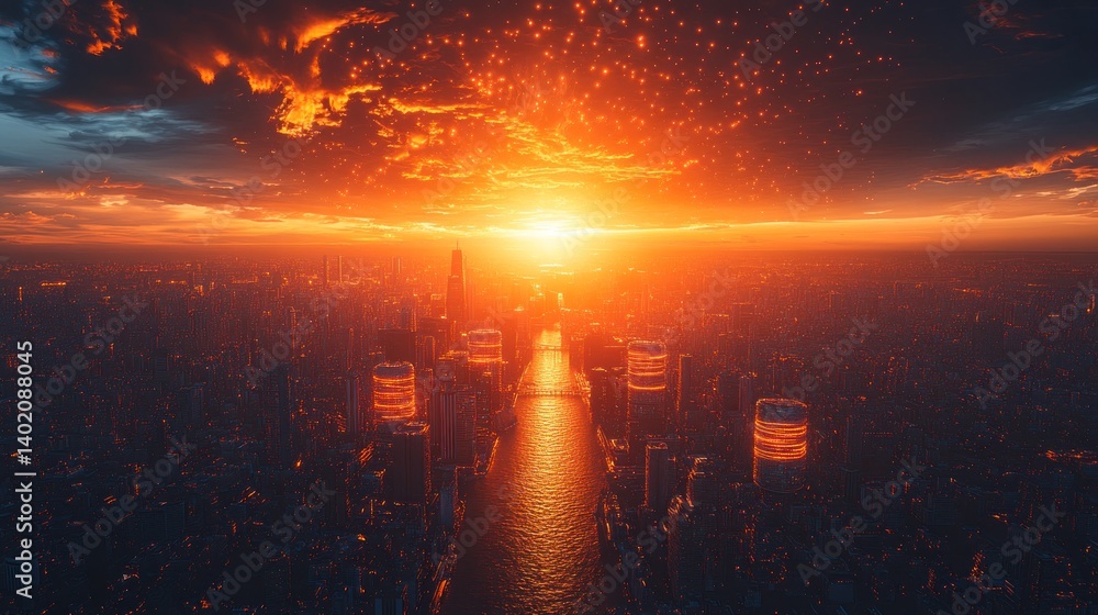 Obraz premium Fiery Sunset Over Cityscape: A Digital Masterpiece