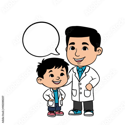 cartoon illustration of a child chatting with a doctor on a white background