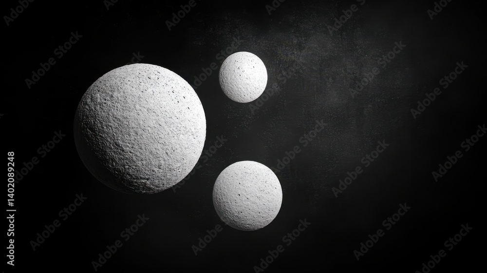 Three spherical objects with a rough texture, against a dark background. Use for space exploration, planets, or even abstract cosmic concepts. Three spherical objects with a rough texture, against a dark background. Use for space exploration, planets, or even abstract cosmic concepts.