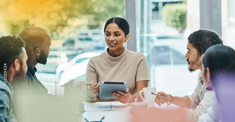 Obraz premium Meeting, tablet and business people planning, communication and brainstorming for digital agency. Online, ideas and workflow discussion of manager or woman talking to team in creative glass or window