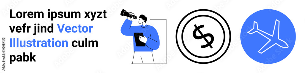 Fototapeta premium Person using binoculars, dollar currency sign, airplane icon, blue-white-black colors. Ideal for travel, finance, business strategy, analysis, exploration planning abstract line flat metaphor