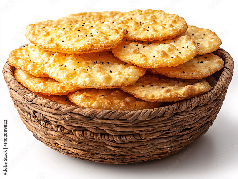 a basket filled with fried, crispy tortilla chips. The chips are golden brown and appear to be seasoned with small specks of black pepper. a basket filled with fried, crispy tortilla chips. The chips are golden brown and appear to be seasoned with small specks of black pepper.