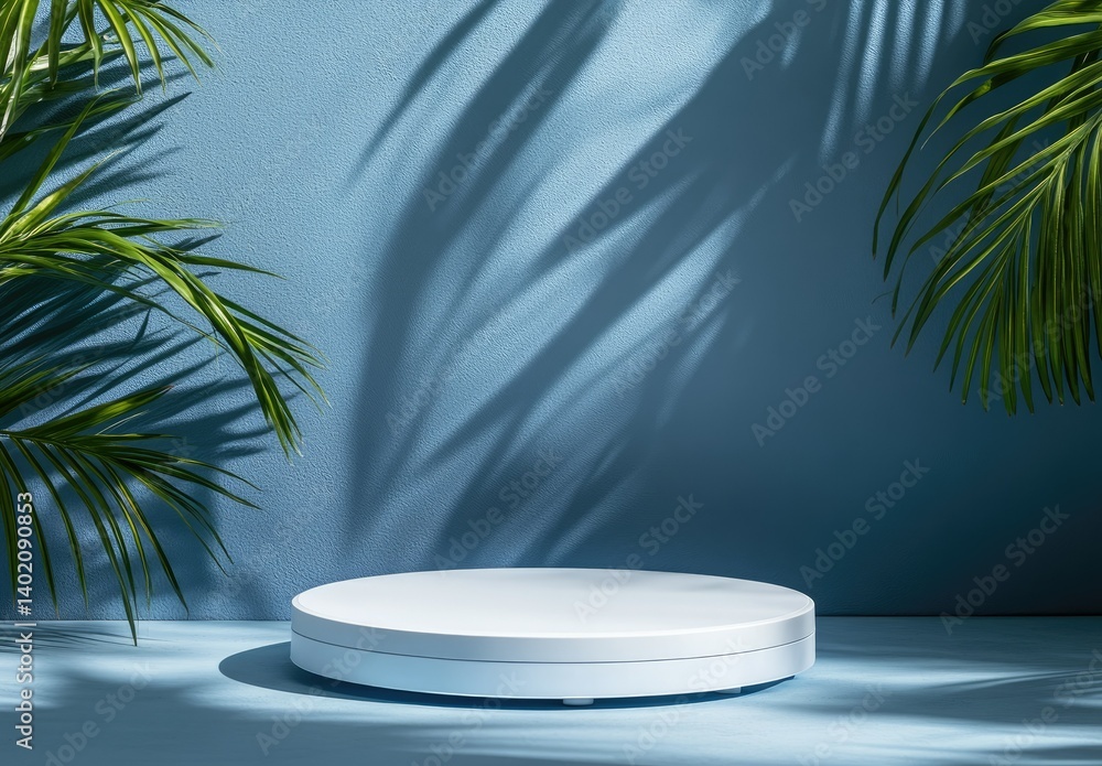 A minimalist scene featuring a white circular platform on a light blue surface. with soft shadows cast by lush green palm leaves in the background. creating a serene atmosphere A minimalist scene featuring a white circular platform on a light blue surface. with soft shadows cast by lush green palm leaves in the background. creating a serene atmosphere