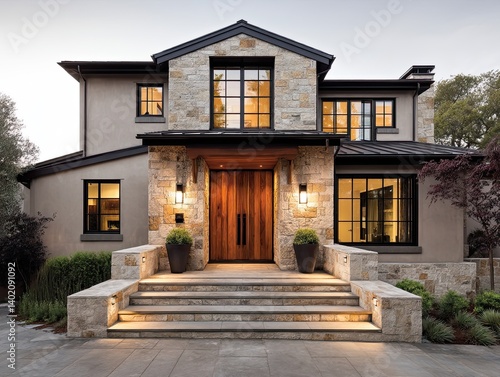 A stunning modern home with pale taupe walls and black-framed windows