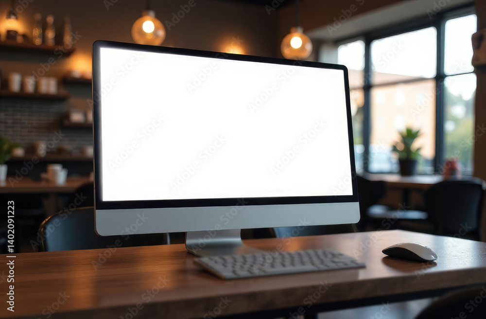 laptop monitor Mockup Blank screen computer desktop with keyboard in cafe restaurant background
laptop monitor Mockup Blank screen computer desktop with keyboard in cafe restaurant background