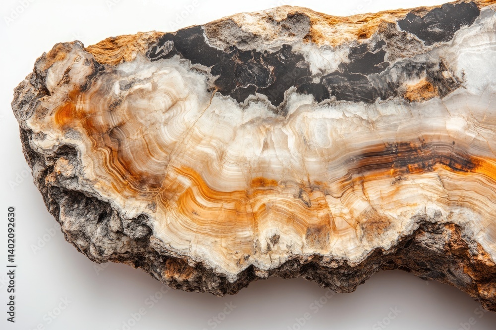 Fototapeta premium Petrified wood slice showcasing stunning swirling patterns of beige, brown, and black, a captivating geological specimen.