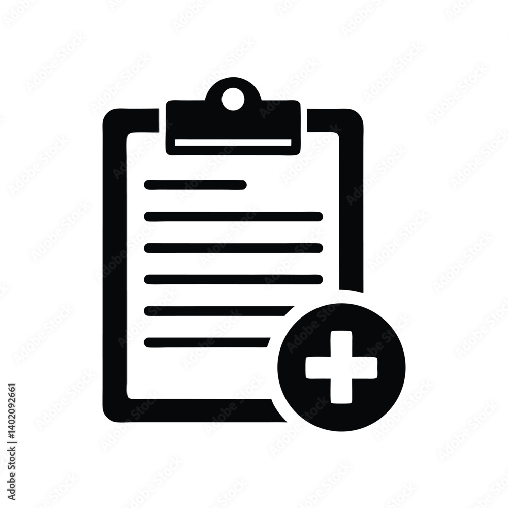Fototapeta premium Medical Clipboard with Plus Sign, Black Icon on Transparent Background Design