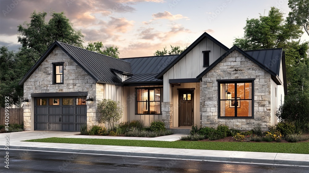 A stunning single-story modern farmhouse with light gray stone accents, large windows at the front, and a lush green lawn A stunning single-story modern farmhouse with light gray stone accents, large windows at the front, and a lush green lawn