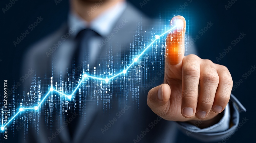 Man in suit pointing to a digital graph, symbolizing growth and success in business. Man in suit pointing to a digital graph, symbolizing growth and success in business.