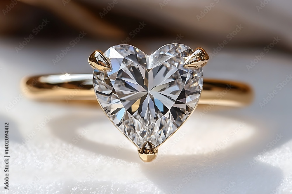 A sparkling heart-shaped diamond engagement ring on a gold band, highlighted on a white frosted glass. A sparkling heart-shaped diamond engagement ring on a gold band, highlighted on a white frosted glass.