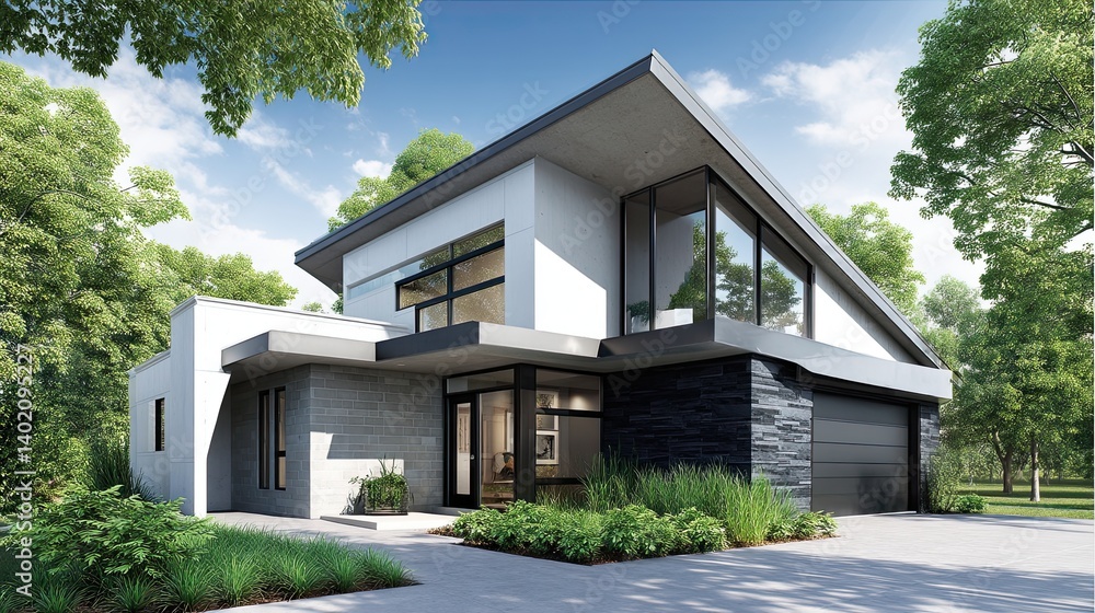 Fototapeta premium A stylish, angular home with a clean, white exterior and sharp triangular architecture