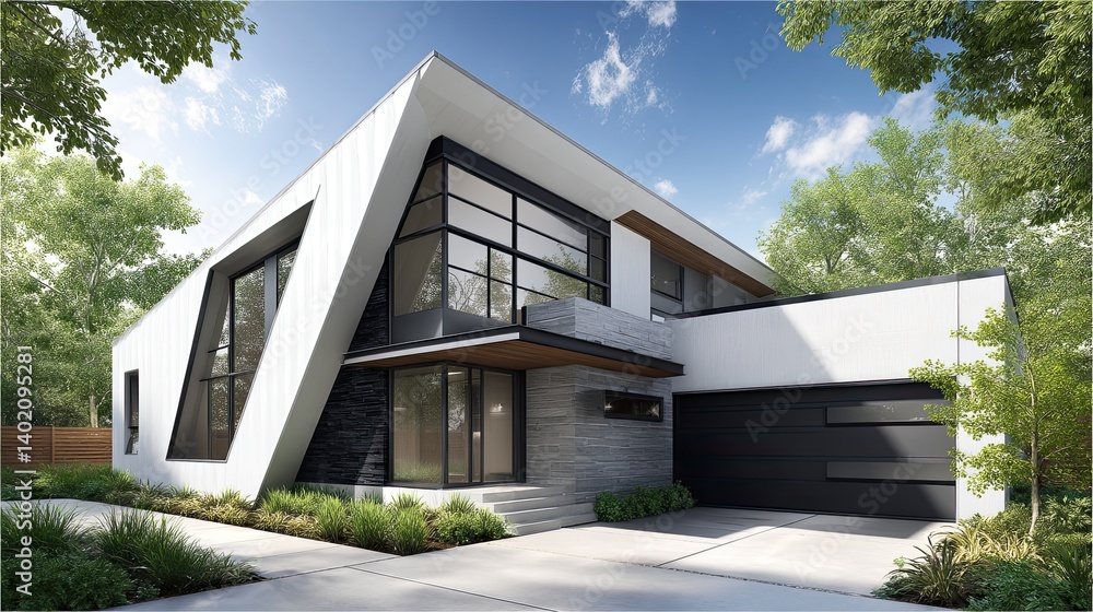 Obraz premium A stylish, angular home with a clean, white exterior and sharp triangular architecture