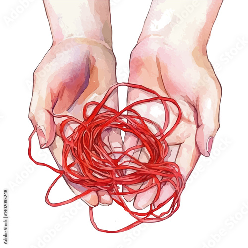 Red Thread Tangled In Hands, vector watercolor illustration, isolated on a white background.