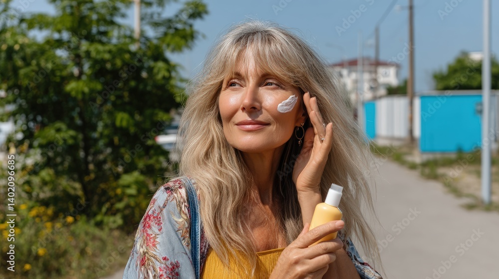 Naklejka premium Woman applying sunscreen outdoors with a cheerful expression.