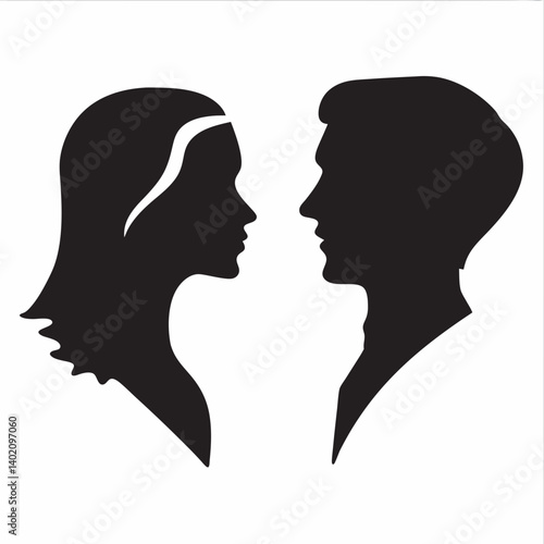 Romantic couple silhouettes facing each other forming a heart shape black and white minimalist
