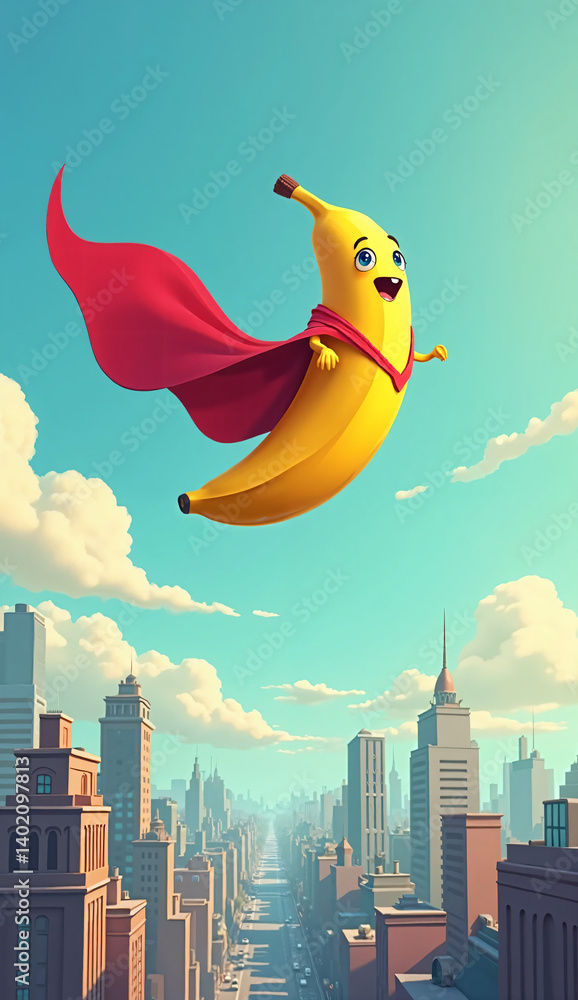 Naklejka premium Cartoon Banana Superhero Flying Through the Sky – City Skyline Below with Heroic Cape, Mobile Wallpaper