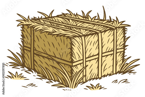 58 Rectangular hay bale, golden straw, dried grass, farm imagery, agricultural texture, rustic countryside, harvest season, natural materials, organic shapes, earthy tones, rural setting, baled fodder