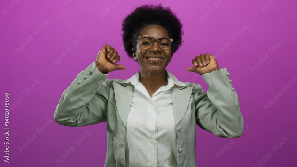 Woman smiling confidently points to herself against an isolated pink background wearing glasses and a grey blazer exuding a sense of self-assurance and professionalism. Woman smiling confidently points to herself against an isolated pink background wearing glasses and a grey blazer exuding a sense of self-assurance and professionalism.