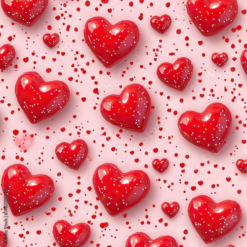 A vibrant and playful arrangement of glossy red hearts scattered across a soft pink background. with colorful confetti adding a festive touch. ideal for romantic themes or celebrations