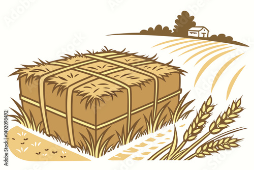 58 Rectangular hay bale, golden straw, dried grass, farm imagery, agricultural texture, rustic countryside, harvest season, natural materials, organic shapes, earthy tones, rural setting, baled fodder