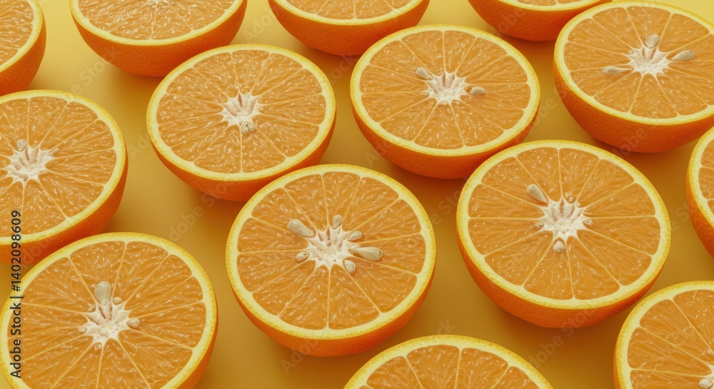Many orange halves arranged on a yellow surface creating a vibrant pattern. Many orange halves arranged on a yellow surface creating a vibrant pattern.