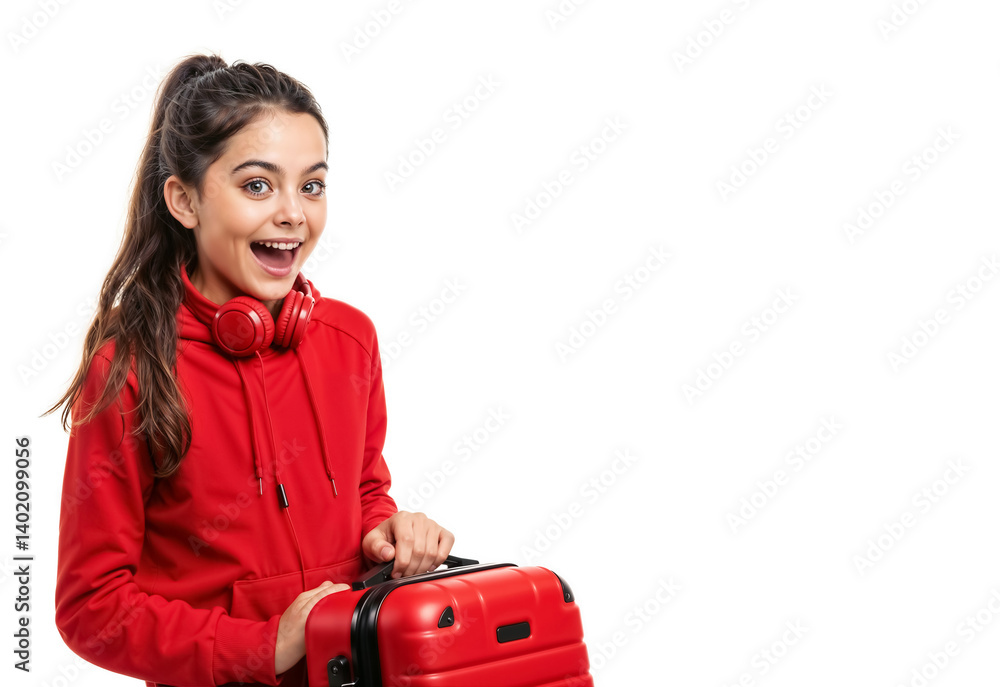 Happy excited young girl teenage, schoolgirl wearing red hoodie, headphones around neck, holding red travel suitcase, ready to fly for holiday, isolated on solid light background. Happy excited young girl teenage, schoolgirl wearing red hoodie, headphones around neck, holding red travel suitcase, ready to fly for holiday, isolated on solid light background.