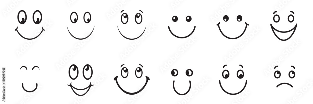 Emojis faces icon in hand drawn style set. Doddle emoticons vector illustration on white background Emojis faces icon in hand drawn style set. Doddle emoticons vector illustration on white background