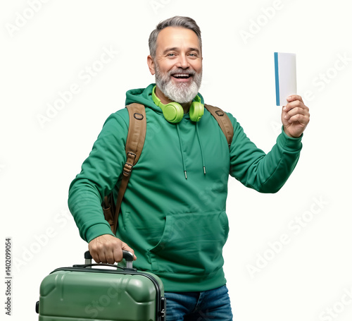 A senior man with grey hair and beard in green hoodie, holding green travel suitcase and ticket boarding pass, ready to fly for a vacation, isolated on solid light background.