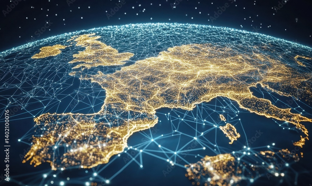 Global network connections illuminating Europe at night, showing data flow Global network connections illuminating Europe at night, showing data flow