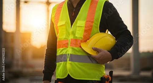 A construction worker wearing a yellow vest and a yellow hard hat. The worker is holding a tool in his hand