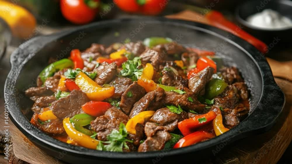 Colorful Beef Stir-Fry with Bell Peppers and Fresh Green Herbs in a Cast Iron Pan Colorful Beef Stir-Fry with Bell Peppers and Fresh Green Herbs in a Cast Iron Pan
