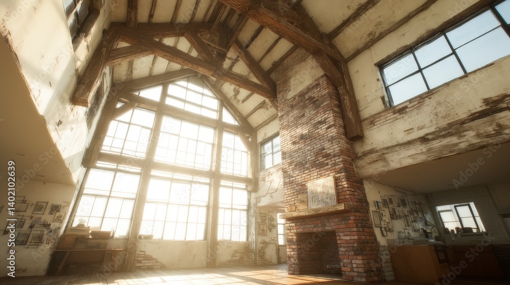 Obraz premium Sunlit Loft Interior Rustic Beams Brick Fireplace Large Windows
