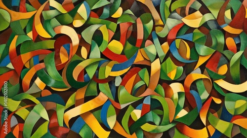 Abstract tapestry of interwoven ribbons. Vibrant colors and dynamic forms create a visually engaging composition.  Intricate interplay of shapes and textures