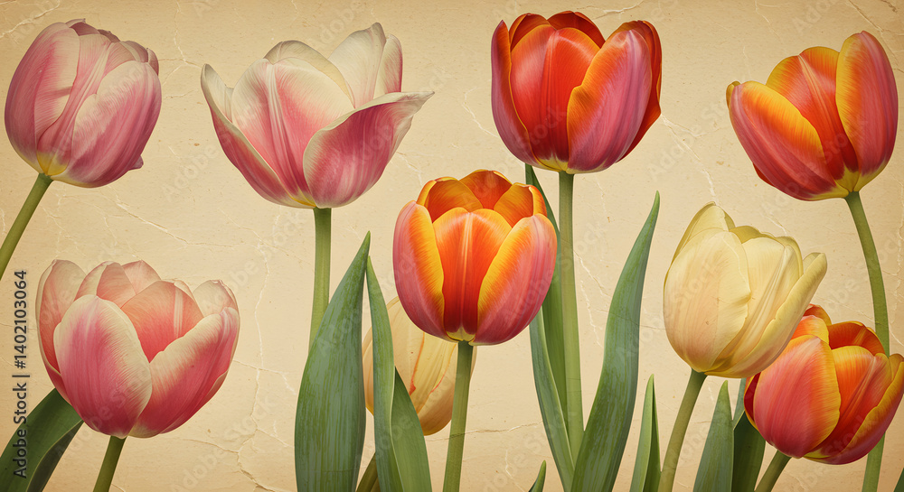 Obraz premium Vintage Tulip Garden Illustration with Aged Texture