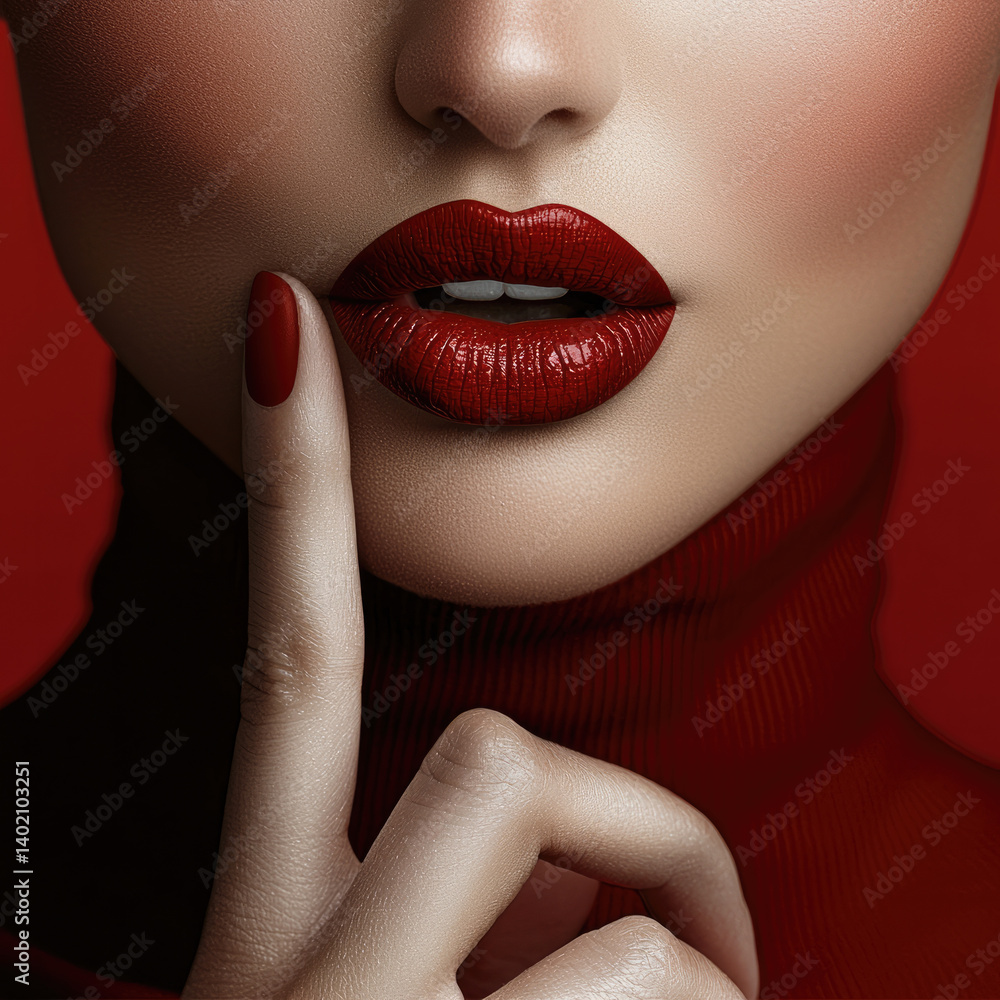 Naklejka premium close up of woman lips with bold red lipstick, showcasing glamorous and sophisticated look. background is rich red, enhancing overall elegance and allure